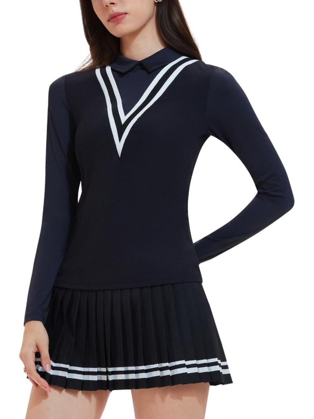 Chic Women's 2-Piece Tennis Skirt Set, Long Sleeve Polo & Pleated Skorts, Fall